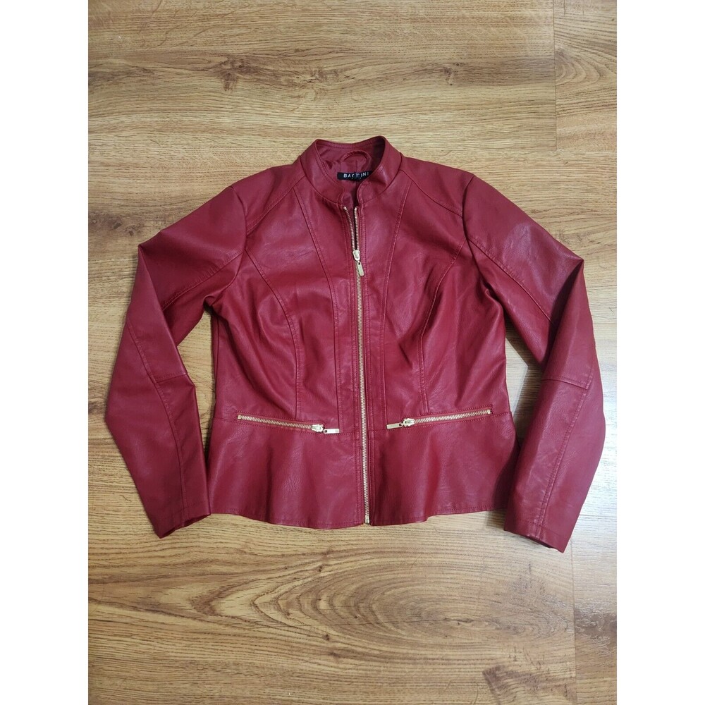 Baccini Faux leather Jacket Women Size M Long Sleeve Full Zip Burgundy Color
